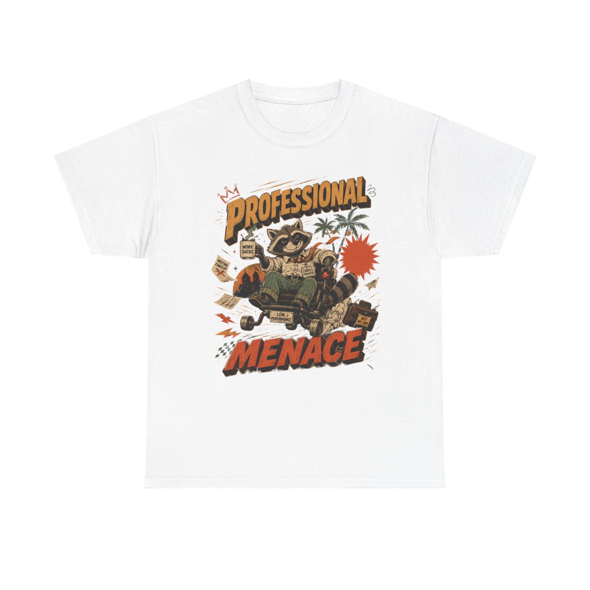 White T-shirt with a vintage cartoon raccoon and Professional Menace graphic